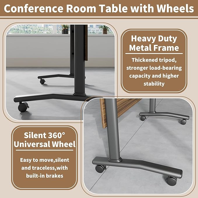 Conference Table, Modern Folding Meeting Tables with Flip Top, Mobile Podcast Table with Four Locking Wheels, Large Training Table for Meeting Room, Office, Classroom (8, A, 61in)