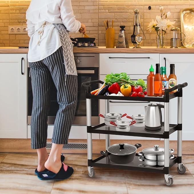 Service Cart 3 Shelf, Plastic Heavy Duty 3-Tier Utility Cart with Wheels, Rolling Utility/Push Cart for Foodservice/Commercial/Restaurant/Office/Warehouse/Kitchen/Hotel