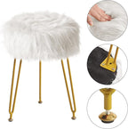 IBUYKE Faux Fur Vanity Stool Chair, Furry Makeup Stool Ottoman, Soft Padded Seat, Round Footrest Footstools with 4 Metal Legs, for Living Room Bedroom Entryway, White LG-32W