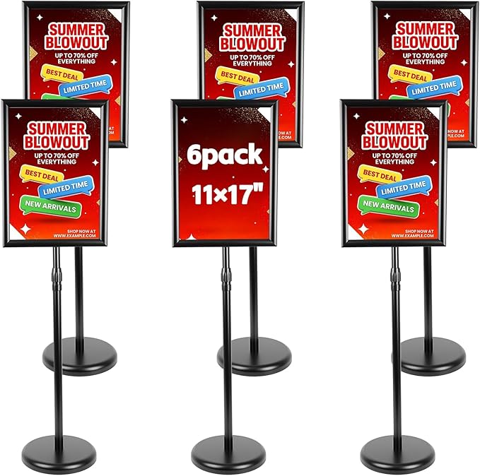 6Packs 11x17 Inch Adjustable Pedestal Poster Sign Stand, Heavy Duty Floor Standing Sign Holder Stand Aluminum Swivel Frame for Vertical and Horizontal View Sign Displayed for Foyer, Reception Area, Restaurant, Black