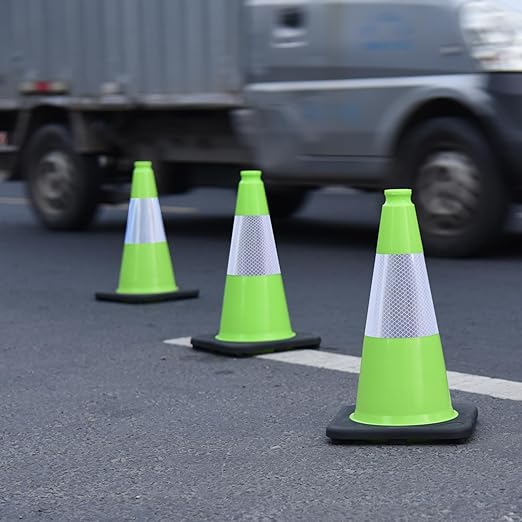 4 Pack 18 Inch Green PVC Traffic Cones Black Base Stable Durable, Parking Lot Driveway School Training Safety Cones Multi-Purpose (4, Green, 18 Inch)