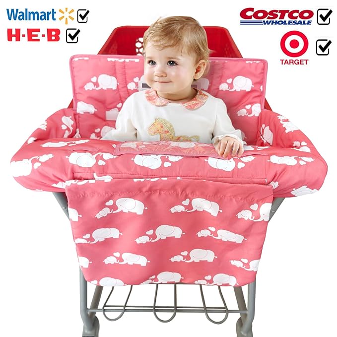 2-in-1 Shopping Cart and High Chair Cover for Baby, Padded Cover, Fold'n Roll Style, Portable with Carry Bag (Pink Elephant)