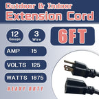 6 Ft Outdoor Extension Cord - 12/3 SJTW Heavy Duty Black Extension Cable with 3 Prong Grounded Plug - Power Cord for Lawn, Garden, Appliances