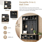 Farmhouse Wood Hall Tree with Bench and Shoe Storage, 5-in-1 Coat Rack with 6 Hooks for Entrance, Hallway Black