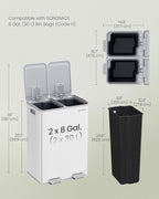 SONGMICS Trash Can, 2 x 8 Gallon (2 x 30 L) Dual-Compartment Garbage Can with Soft-Close Lid, Pedal and Inner Buckets, Stainless Steel, Includes 15 Liner Bags, Matte White ULTB741W01