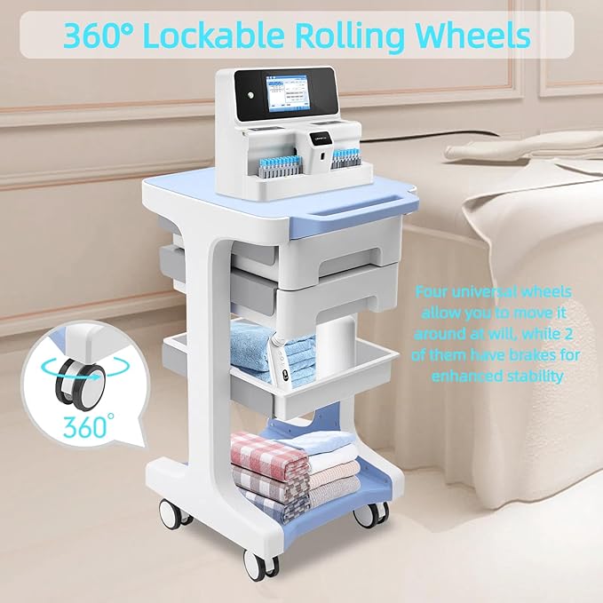Professional 3-Tier 2-Drawer Salon Trolley Cart with Wheels Utility Cart with Drawers Mobile Storage Cart, Max 50kg/110lb Load, 16.14 * 16.14 * 26.38in (Blue)