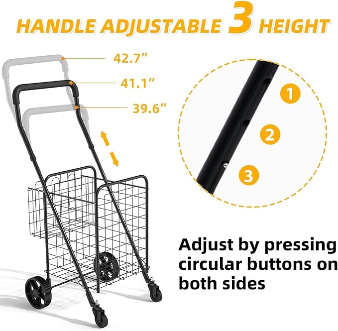 Shopping Cart for Groceries, Folding Utility Cart with Waterproof Liner and Insulated Cooler Bag, 360° Swivel Wheels Height Adjustable Portable Grocery Cart for Condo Laundry Transport Trip