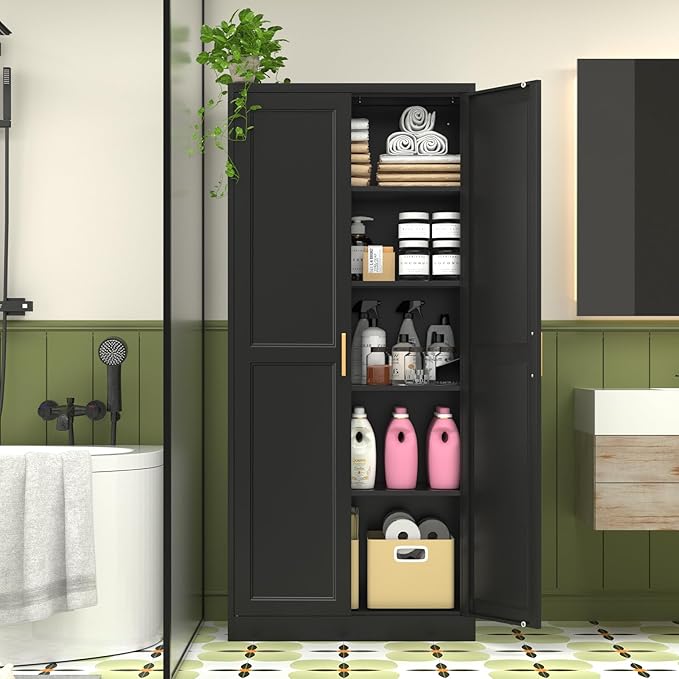 Pantry Cabinet, 71 Inch Tall Kitchen Storage Cabinet, Metal Pantry Cabinet with Doors and Adjustable Shelves, Black Food Cupboard, Freestanding Cabinet for Living&Dinning Room, Assembly Required