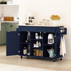 HLR Kitchen Island On Wheels, Blue Rolling Kitchen Island Cart with Solid Wood Drop Leaf Prep Table, Barn Door Kitchen Islands with Storage Cabinet and Tower Rack, Island Table for Kitchen
