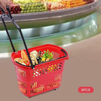 Rolling Shopping Baskets, 6PCS Shopping Carts 35L/9.2gal Plastic Rolling Shopping Basket with Wheels and Handle for Carrying and Storing Clothing Groceries (Red)