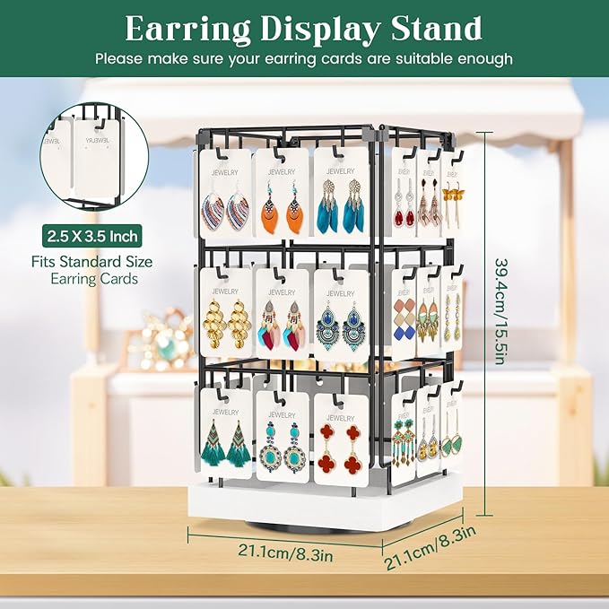 EsLuker.ly Rotating Earring Display Holder Stand for Vendors Events Selling, Large Capacity 36 Hooks Jewelry Rack with Wooden Base for Earring Card Sales, Enhances Retail Visibility