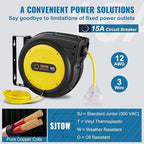 VEVOR 80FT Retractable Extension Cord Reel, 12AWG/3C SJTOW Heavy Duty Power Cord w/Lighted Electrical Triple Tap Outlets, 15A Circuit Breaker,180° Swivel Bracket for Workshop or Garage, Yellow