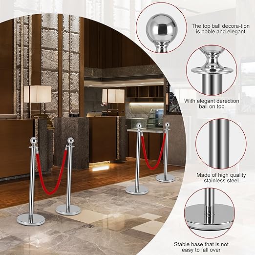 6Pack Silver Stanchion Post, 5 ft Red Velvet Rope Red Carpet Ropes and Poles, Stainless Steel Stanchions for Grand Opening Casino Theme Party Decorations Crowd Control Barriers