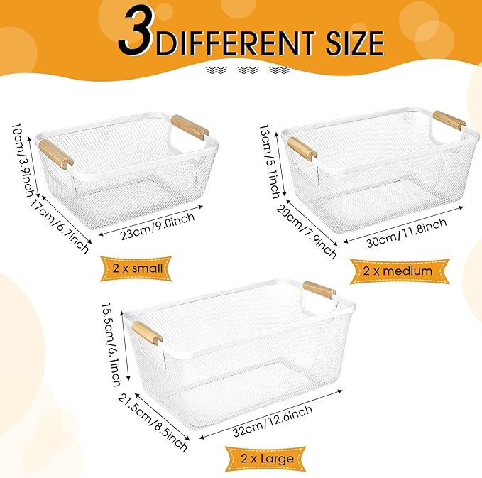 Maxcheck 6 Pack 3 Size Metal Wire Baskets Wooden Handles Steel Mesh Storage Bins Organizer Containers Gift for Home Cabinets Closet Kitchen Food Fruit Freezer Storage Rectangle (White)