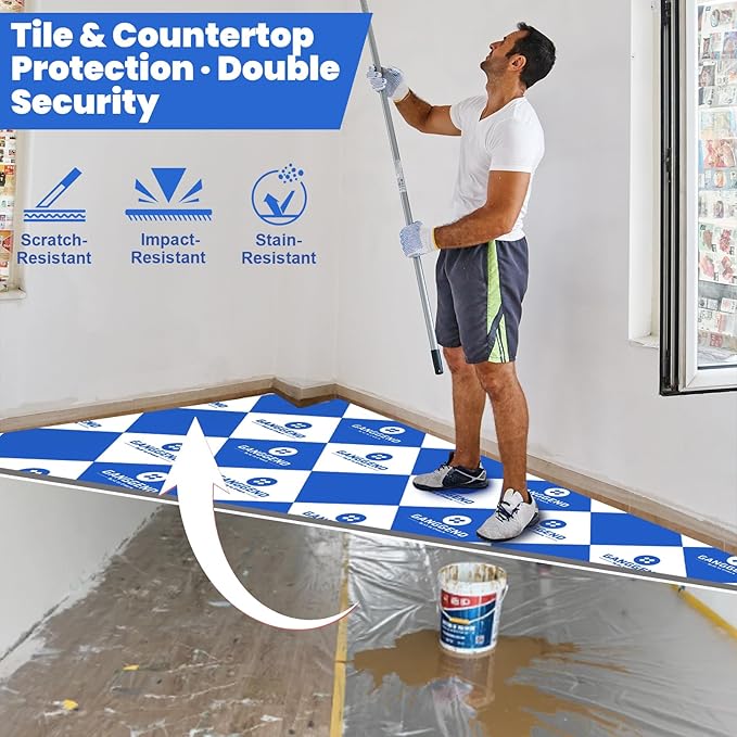 39in x 164ft Temporary Floor Protection for Construction & Renovation, Heavy Duty Floor Protection for Hardwood Floors, Tile, Carpet, Countertops, Hard Paint Protection (Blue and White)