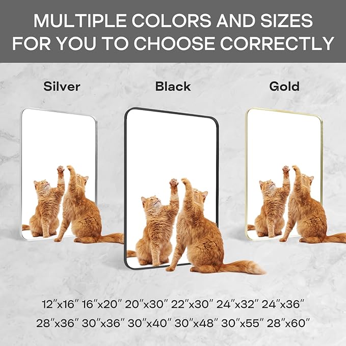 Wall Mount Mirror for Bathroom, Brushed Gold Metal Framed Rounded Corner Rectangular Vanity Mirror, Tempered Glass, Anti-Rust, Hangs Horizontally or Vertically (30" x 40", Gold)