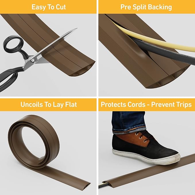 D-Line 30ft Floor Cord Cover, Floor Cable Protector, Extension Cord Cover, Protect Wires & Prevent Cable Trips, Cable Management Solution - Cord Cavity = 0.63" (W) x 0.31" (H) - Brown