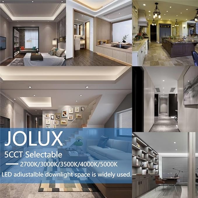 Jolux 6-Pack 5/6" 5CCT Retrofit LED Recessed Lighting,Selectable 2700K/3000K/3500K/4000K/5000K,12W=60W,800Lumen,Dimmable Can Lights,Simple Installation Adjustable Retrofit Downlight,Bevel Trim