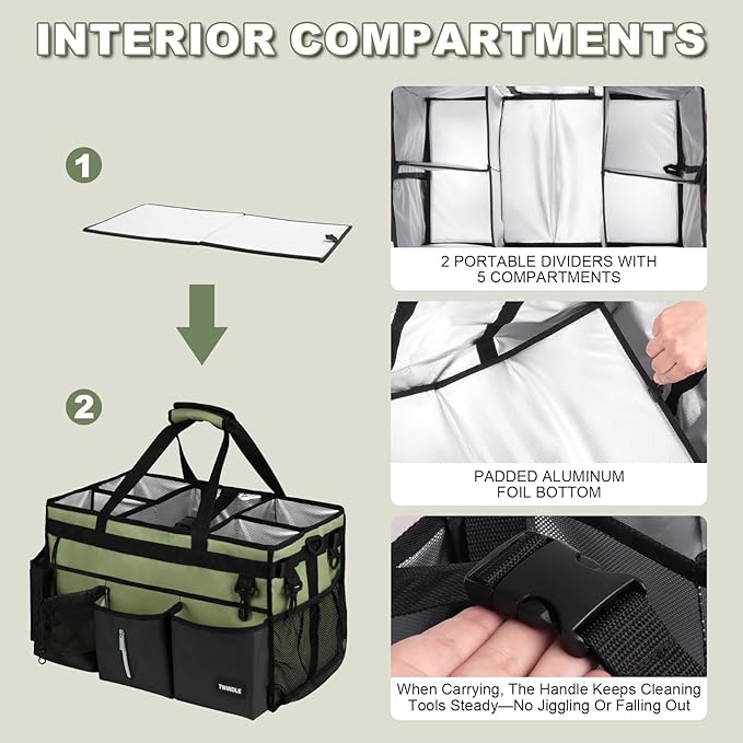 Large Cleaning Caddy Bag with Built-In Support Board, Cleaning Tote Organizer with Removable Divider, Supply Carryall with Adjustable Shoulder Strap and Waist Belt for Cleaners & Housekeeper