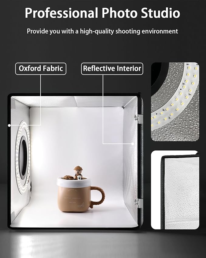 DUCLUS Light Box Photography, Portable Photo Studio Booth Box, 10" x 10" Professional Mini Shooting Tents with 104 LED Lights Dimmable, 6 Backdrops for Small Product: Jewelry, Miniature Models etc.