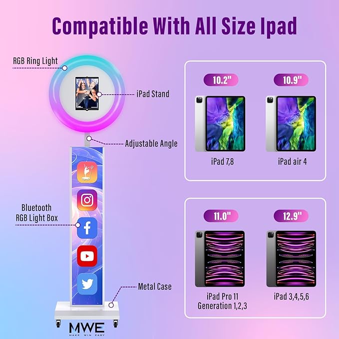 JIYANG Portable Photo Booth Compatible with Any Ipad,Photo Booth Mchine with ChackTok PhotoBooth VIP Member,Customize Personalized Logo,Perfect for Parties,Wedding and Events(Wihte,Honeycomb Case)