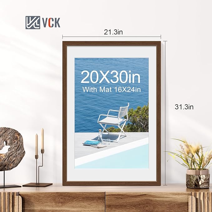 VCK 20x30 Poster Frame 2 Pack - Brown, High-End Wood Picture Frames with Polished Plexiglass, Display 16x24 Photo with Mat or 20x30 without Mat, Art Gallery-Quality, Wall Hanging, Brown