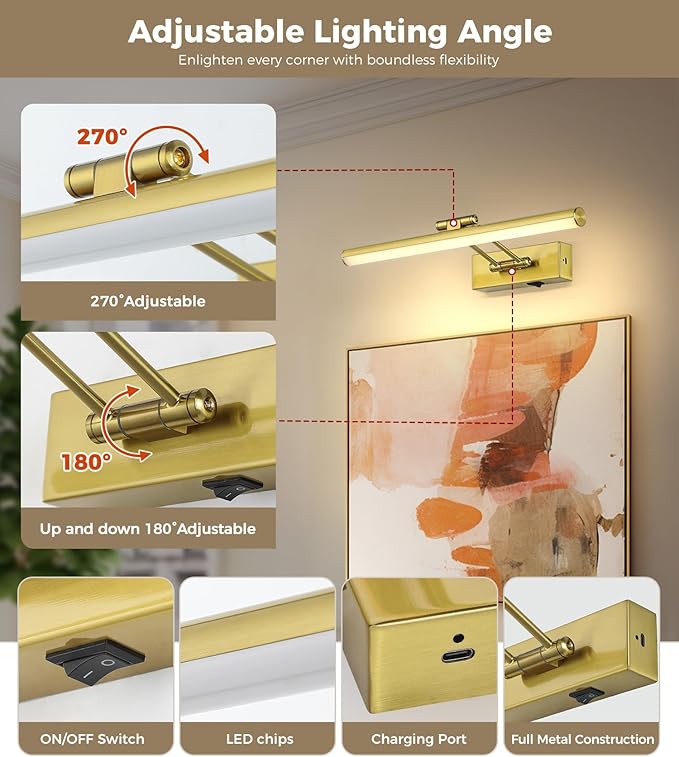 JUSHENG Battery Operated Picture Lights for Wall Brass 3CCT Dimmable Gallery Lights with Remote and Timer Wireless Painting Lights for Artwork, Display, Portraits 15.35'' Inch 3W