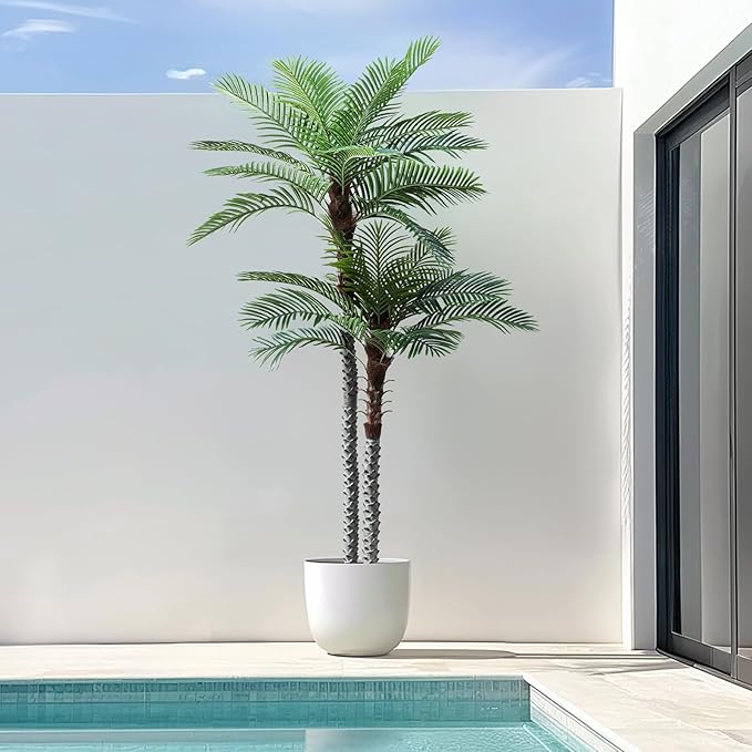 9ft Tall UV Resistant Faux Palm Tree, 108in Artificial Palm Tree Indoor Outdoor, Fake Tree with Real Bark and Realistic Leaves and for Home House Office Living Room Bedroom Yard Patio.