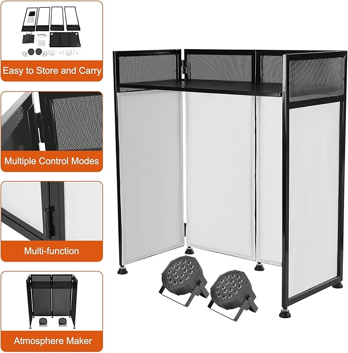 DJ Booth DJ Facade Table Station 82.7x44inch DJ Facade Booth Adjustable Height DJ Stand Foldable Metal Frame DJ Booth Panel DJ Controller Stand with 2LED 7Color Lights 2Scrims and Carrying Bag