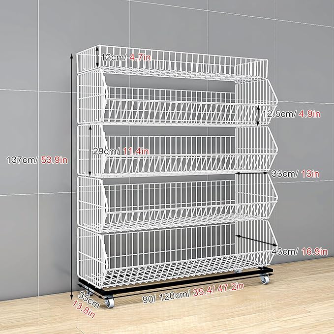Commercial Supermarket Display Cart - 5-Tier Industrial Slanted Rolling Shelves Metal Storage Rack for Retail Store, Warehouse & Home Use, 110LBs/Tier Tool-Free Setup