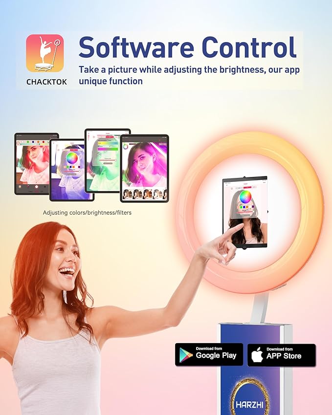 HARZHI Portable Photo Booth Compatible with Ipad, Large Lightbox Ipad Photo Booth for Christmas Wedding Party Provide ChackTok Software APP VIP, Free Custome Logo, Flight Case White