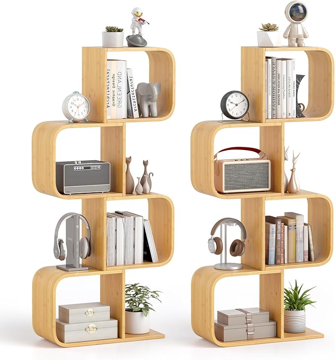 Giantex S-Shaped Bookcase Set of 2, 4-Tier Bamboo Bookshelf with 2 Open Cubes, Geometric Corner Display Shelf, Decorative Storage Organizer, Floor Storage Rack for Living Room, Home Office, Natural