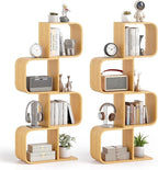 Giantex S-Shaped Bookcase Set of 2, 4-Tier Bamboo Bookshelf with 2 Open Cubes, Geometric Corner Display Shelf, Decorative Storage Organizer, Floor Storage Rack for Living Room, Home Office, Natural