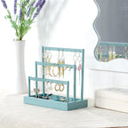 SANY DAYO HOME 3-Tier Earring Holder Organizer Stand, 105 Holes Teal Blue Metal Earring Rack Jewelry Display Tree with Wood Tray for Women and Girls