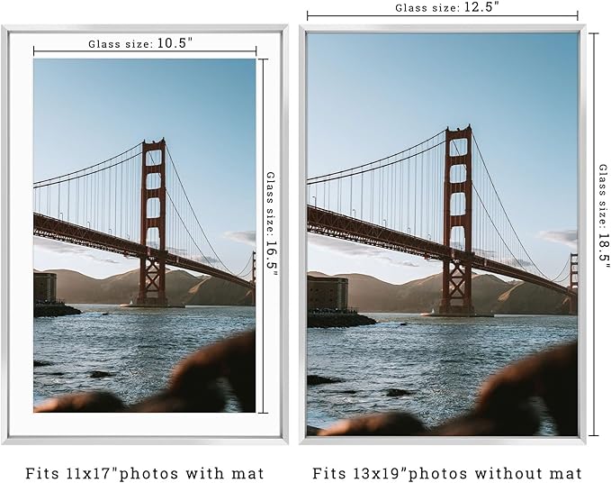 Frametory, 13x19 Metal Picture Frame with Mat for 11x17 Picture & Real Glass, Aluminum Photo Frame Collection (Silver, 2 Pack)