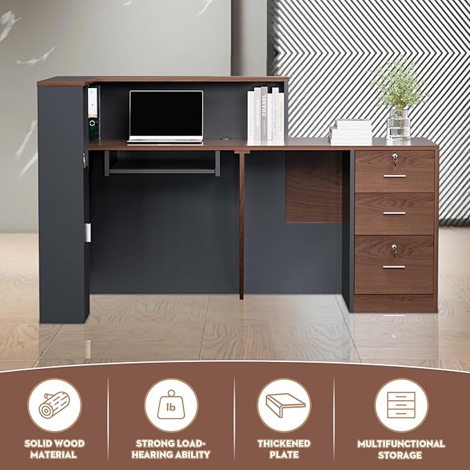 L-Shaped Modern Reception Desk with Counter & Storage - 71" Large Office Front Desk, Salon Checkout Counter with Lockable Cabinets, Shelves(Brown & Black, Right - 71''L x 34''W x 41''H)