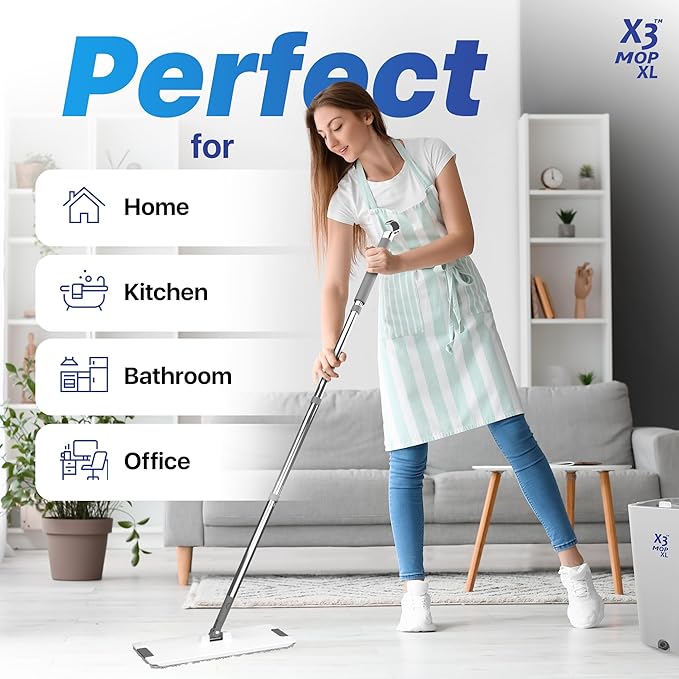 X3 Mop, Separates Dirty and Clean Water, 3-Chamber Design, Flat Mop and Bucket Set, Hands Free Home Floor Cleaning, 3 Reusable Microfiber Mop Pads Included (XL X3 Mop)