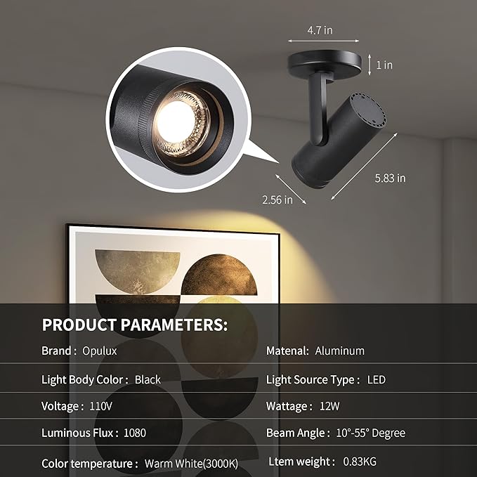 12W LED Dimmable Zoomable Ceiling Spotlight Indoor – Adjustable Beam Angle 10-55° Surface Mount Wired Accent Spot Light for Picture, Plants & Painting | Warm White 3000K CRI 97, Black