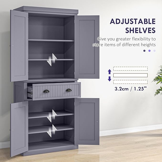 HOMCOM 72" Traditional Kitchen Pantry Cabinet, Freestanding Tall Storage Cabinet with 4 Doors, Drawer and 3 Adjustable Shelves for Dining Room, Navy Blue
