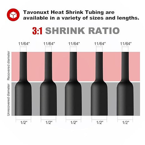 1/2" 65ft 3:1 Heat Shrink Tubing with Adhesive Lining - Marine Grade, Ideal for Home, Automotive, and Industrial Use - Black
