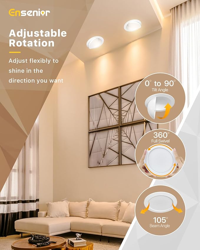 Ensenior 4 Pack 6 inch Gimbal Led Recessed Lighting, 90° Rotatable and 5CCT Selectable, Dimmable Eyeball Recessed Lights, Angled Adjustable Ceiling Downlight, 1200LM, 12W=115W-ETL&FCC Certified