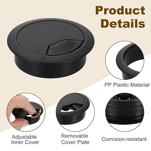 uxcell 5 Pcs 53mm (2.09 Inch) Desk Grommet, Plastic Cable Hole Cover, Wire Cord Cable Organizer for Home Office Computer Desk Cabinet, Black
