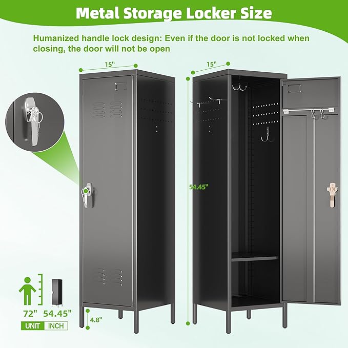 Aobabo 54" H Lockable Metal Storage Lockers with, Steel Locker Cabinet with Metal Hooks and 1 Adjustable Shelf for Home, School,Office, Assembly Required, Black