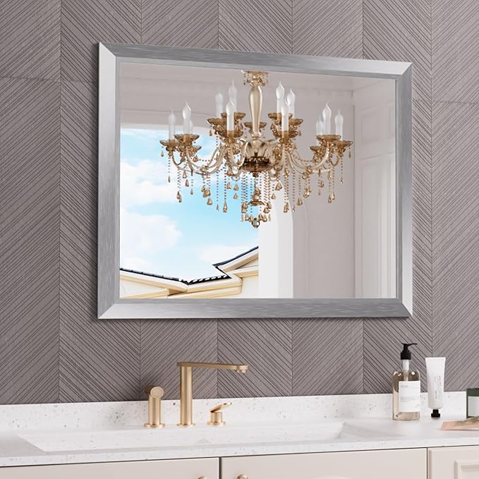 Amorho Bathroom Mirror Silver, 40x32 Inch Thick Metal Framed Wall Mirrors for Over Sink, Brushed Nickel Mirror Perfect for Bedroom, Living Room, Entryway, Rectangle (Horizontal/Vertical).