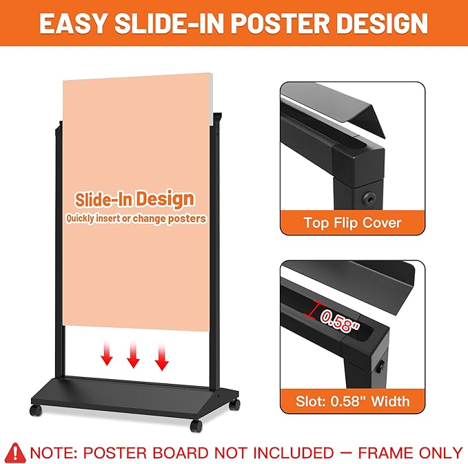 Heavy Duty Rolling Sidewalk Sign 24x36 Inch - Double-Sided Sandwich Board Poster Stand with Wheels, Slide-in Floor Standing Sign Holder Stand for Outdoor Business Advertising (Frame only)