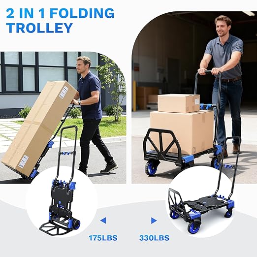 2 in 1 Folding Hand Truck,330lbs Capacity Heavy Duty Hand Truck,with Telescoping Handle and Rubber Wheels,Portable Dolly Cart with Bungee Cords for Moving,Travel,Shopping