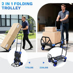 2 in 1 Folding Hand Truck,330lbs Capacity Heavy Duty Hand Truck,with Telescoping Handle and Rubber Wheels,Portable Dolly Cart with Bungee Cords for Moving,Travel,Shopping