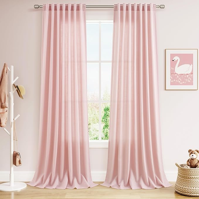 Extra Long Pink Linen Curtains 120 Inch for Kids Bedroom 2 Panels Set Rod Pocket Back Tab Light Filtering Semi Sheer Soft Linen Window Drapes Privacy High Ceiling Drapes for Farmhouse 52x120