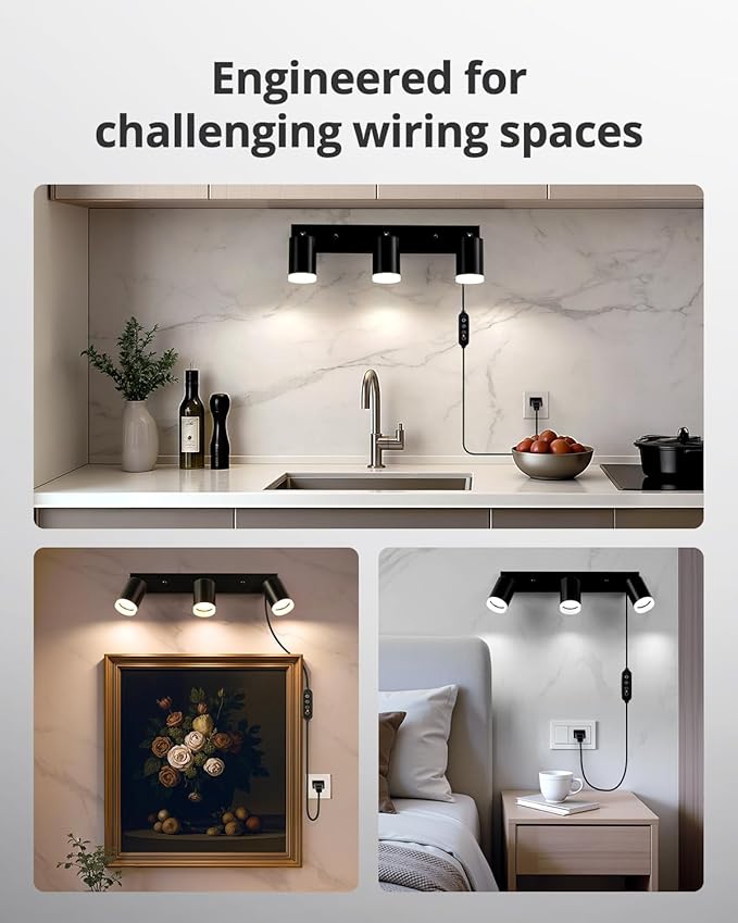 Bojim Plug in Ceiling Track Lighting with 14.3ft Power Cord for Kitchen, Dimmable LED Spotlight Wall Mounted for Sala, Black 3 Lights Fixture Removable Cup for Bedroom Farmhouse Studio, GU10 No Bulb