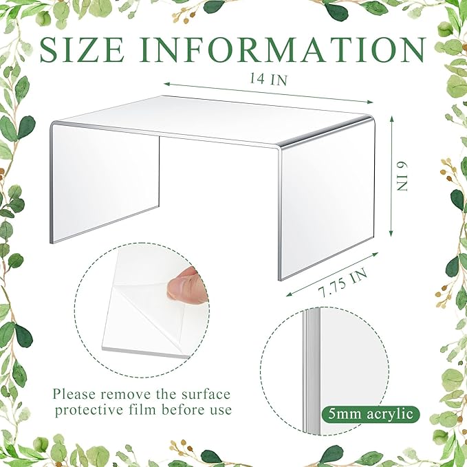 2 Pcs 14 Inch Large Acrylic Risers Display Stands 5 mm Thick Acrylic Shelf Riser Showcase for Collectibles Jewelry Cupcakes Food Figures Perfume Cabinet (Clear)